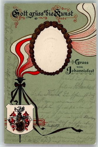 Jugendstil Gruss vom Johannisfest Wappen Gottgrüss die Kunst Gutenberg Prägedruck