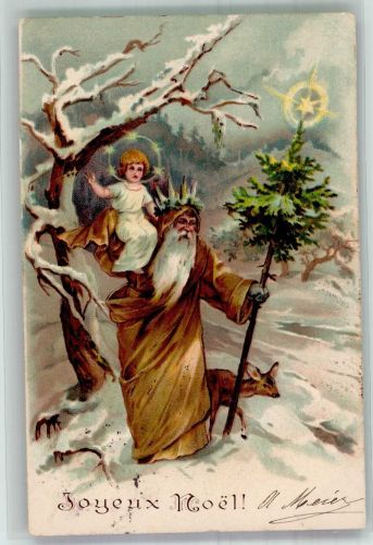 Joyeux Noel Nikolaus mit einem heiligen Kind + Stab Lithographie Nikolaus 1905 Prägedruck