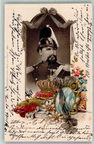 Lithographie Wappen Krone Degen Alpenflora Adel Ludwig II 1901 Prägedruck