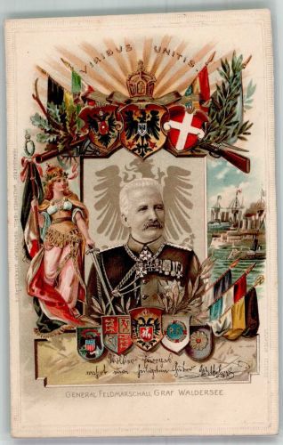Wappen General Graf von Waldersee Lithographie Patriotik 1901 Prägedruck