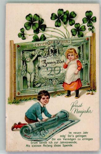 Neujahr Kinder Zwanzig Mark Glücksklee Lithographie Geldschein auf AK 1913 Prägedruck