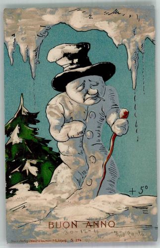 Buon Anno + 5 Grad Lithographie Schneemann 1900 Prägedruck