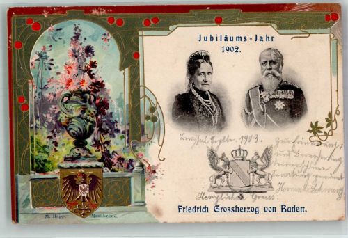 Jubiläum Friedrich Großherzog + Gemahlin Jugendstil Adel Baden 1902 Prägedruck