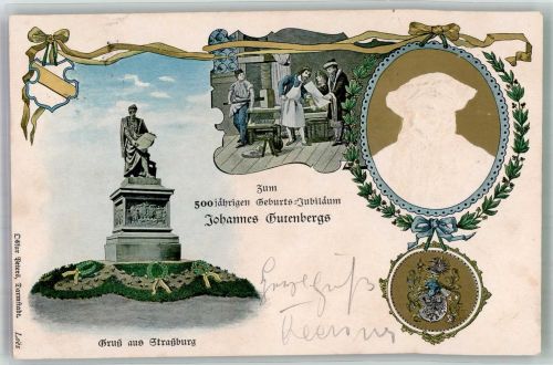Strasbourg Straßburg Prachtkarte 500jähr. Jubiläum Wappen Lithographie Gutenberg 1900 Prägedruck