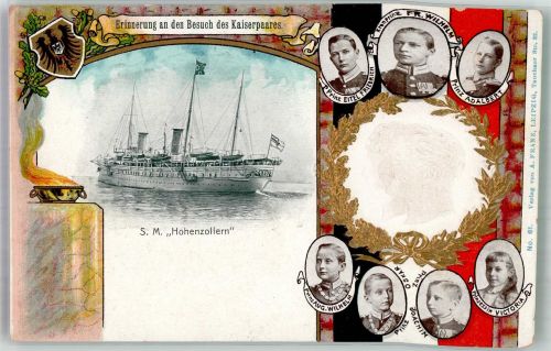 Prachtkarte Erinnerung Besuch des Kaiserpaares Yacht Hohenzollern , die 7 Kinder des Kaiserpaares Adel Kaiser Wilhelm I Prägedruck