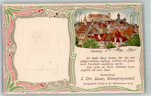 W8500 Nürnberg Danksagung für den Auftrag Lauer Münzprägeanstalt Jugendstil Münze auf AK 1901 Prägedruck