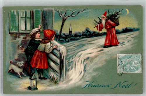 Kinder belauschen den Nikolaus Heureux Noel Lithographie Nikolaus Prägedruck