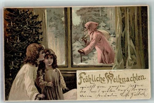 Kinder Tannenbaum schauen aus dem Fenster Lithographie WEihnachten Nikolaus 1906 Prägedruck