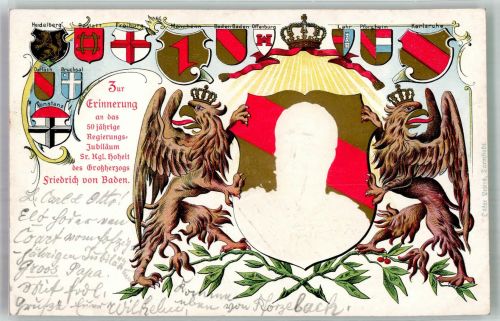 Friedrich von Baden 50. jähr. Regierungsjubiläum Wappen Lithographie Adel Baden 1902 Prägedruck