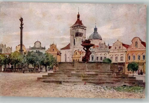 Havlickuv Brod Deutsch-Brod Lithographie / Künstlerkarte Marktplatz