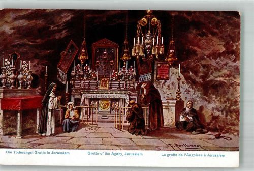 Jerusalem Lithographie / Künstlerkarte sign. Perlberg, F. Todesangst- Grotte