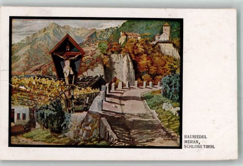 39012 Meran Merano Lithographie Feldpost WK I Schloss Tirol Wegkreuz