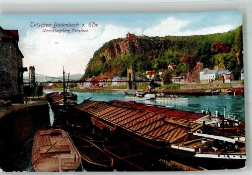 Decin Tetschen-Bodenbach Foto AK Umschlagplatz Frachtkahn