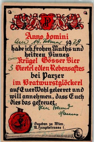 1030 Wien 3. Bezirk, Landstraße 1929 Foto AK Gasthaus Parzer Bratwurstglöckerl Urkunde