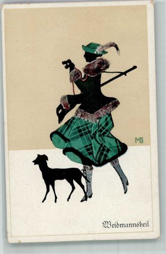 sign. Graf Marte Waidmannsheil Frau Galgo Fasto-Silhouetten Stoff Scherenschnitt Scherenschnitt Gebrauchsspuren