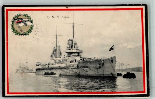 S.M.S. Kaiser m. Reichskriegsflagge Schlachtschiff Leim lößt sich Marine 1916 Gebrauchsspuren