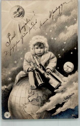 sign. Scolik Fec. Ch. Neujahr Kind Sekt Weltkugel 307 NPG 1904 Künstlerkarte