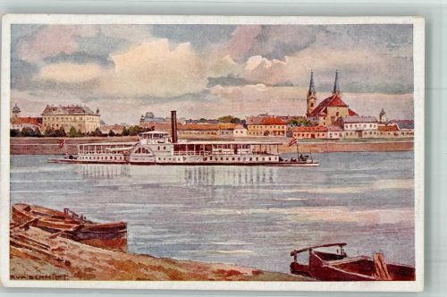 Komarom sign. Schmidt Rud. 1. K.K. Priv. Donau Dampfschiffahrts Gesellschaft Raddampfer Künstlerkarte
