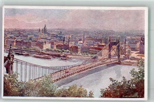 Budapest sign. Schmidt Rud. Elisabethbrücke1. K. K. Priv. Donau-Dampfschiffahrts-Gesellschaft Brücke Künstlerkarte