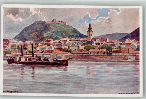 Hainburg an der Donau sign. Schmidt Rud. Arbeitsdampfer 1. K. K. Priv. Donau-Dampfschiffahrts-Gesellschaft Binnenschiff Künstlerkarte