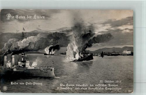 Hafen Pulo-Pinang Vernichtung d. russ. Keuzer Szhemtschug Kreuzer Emden 1914