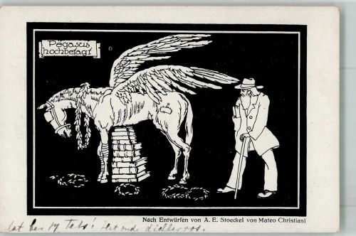 sign. Stoeckel A.E. v. Mateo Christiani Pegasus hochbetagt Humor Künstlerkarte