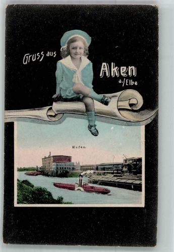 06385 O4372 Aken 1907 - Gruss aus Aken Elbe Frachtkahn Hafen Mädchen
