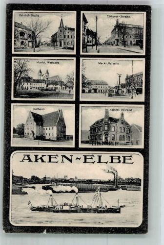 06385 O4372 Aken 1916 - Mehrbildkarte Bahnhofstrasse Rathaus Markt Köthener-Strasse Kais. Postamt Elb-Frachtkahn
