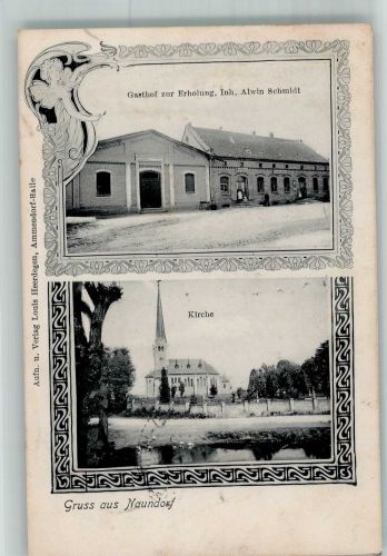 06386 O4371 Naundorf b Köthen, Anh 1909 - Gasthaus zur Erholung Dorfkirche Bahnhof Halle- Zug 7