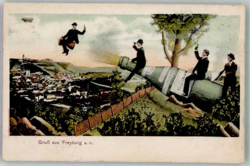 06632 O4805 Freyburg Unstrut - Männer auf einer Sektflache reitend Zeppelin Humor