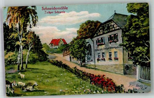 06712 O4900 Zeitz , Elster 1922 Künstlerkarte Schneidemühle Ziegen Hotel zur Zeitzer Schweiz sign. Heining Inflationsporto