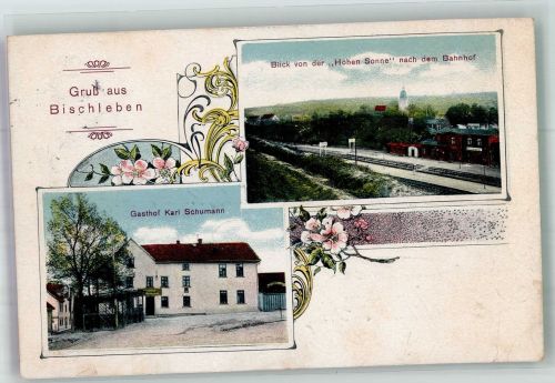 99084 O5101 Bischleben-Stedten 1910 - Bahnhof Gasthaus Schuhmann Bahnpost Eisenach-Halle Zug 203