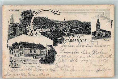 06543 O4721 Stangerode 1906 Lithographie Wüste Kirche Hirsch Hirschkühe Kirche Gasthaus zum schwarzen Ross