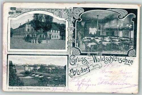06712 O4900 Zeitz , Elster Foto AK Aylsdorf Gasthaus Waldschlösschen Gesellschaftsaal Stadtansicht von Zeitz