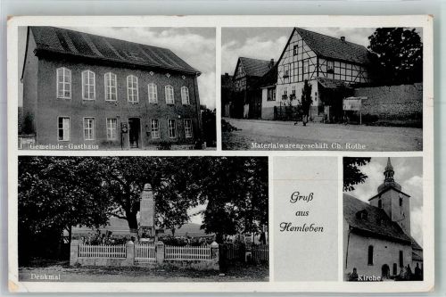 06577 O4731 Hemleben - Bahnpoststempel Gemeinde-Gasthaus Denkmal Kirche Materialwaren Rothe