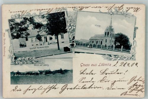 06366 O4371 Löbnitz a d Linde 1904 - Dorfkirche Gasthaus von H. Klebe Bahnpoststempel