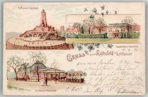 06567 O4712 Rathsfeld 1898 Lithographie Kyffhäuser-Denkmal Gasthaus Rathsfeld Jagdschloss Rathsfeld
