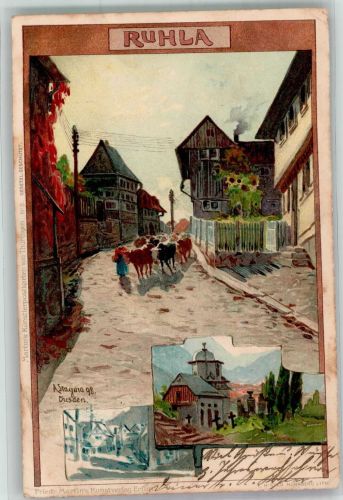 99842 O5906 Ruhla 1898 Lithographie / Künstlerkarte Dorfstrasse Rindertrieb Kapelle sign. Stagura