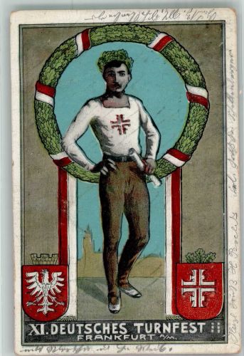 60308 W6000 Frankfurt am Main 1908 Lithographie 11. Deutsches Turnfest 1908 Turner Wappen Lorbeerkranz