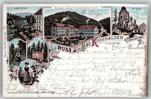 79341 W7832 Bad Kirnhalden 1900 Lithographie Schwarzwälder Tracht Quelle Kapelle Kurpark Mineralbad Kirnhalden Ruine Landeck
