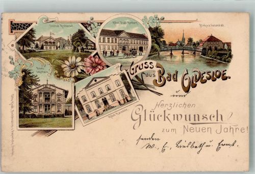 23843 W2060 Bad Oldesloe 1909 Lithographie Soolbad-Gasthaus Hotel Stadt Hamburg Hotel Harmonie Neujahreskarte