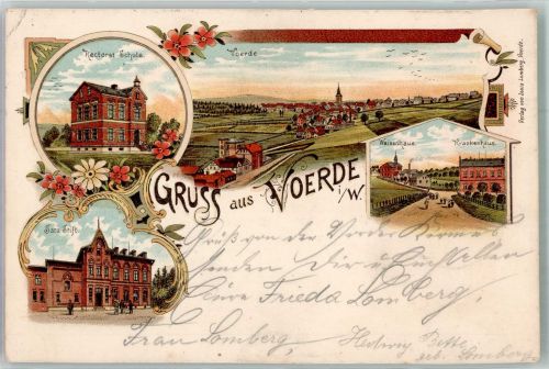 46562 W4223 Voerde Niederrhein 1899 Lithographie Waisenhaus Krankenhaus Rektorat-Schule Sara-Stift