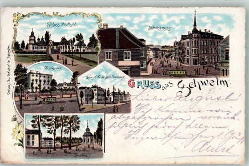 58332 W5830 Schwelm 1900 Lithographie Schloss Martfeld Brunnen Kaiser Wilhelm-Denkmal Mittelstrasse Kreisamt Bahnpost -Dortmund