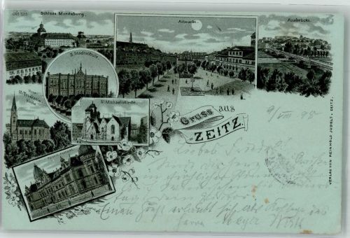06712 O4900 Zeitz , Elster 1898 Lithographie / Mondschein Schloss Moritzburg Kais. Postamt St. Michaeliskirche II. Stadtschule Auebrücke St. Trinitatis-Kirche