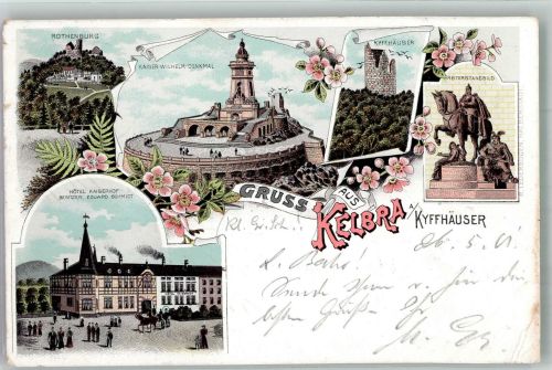 06537 O4712 Kelbra 1901 Lithographie Reiterstandbild Hotel Kaiserhof Rothenburg Kaiser Wilhelm-Denkmal