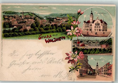 04736 O7305 Waldheim , Sachs 1904 Lithographie Obermarkt Neues Rathaus Kgl. Strafanstalt