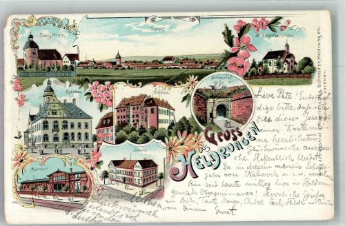 06577 O4733 Heldrungen 1917 Lithographie Ev. Kirche Bahnhof Rathaus Schloss Schlosstor St. Golgatha-Kirche
