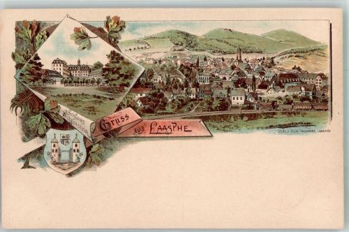 57334 W5928 Bad Laasphe Lithographie Schloss Wittgenstein Stadtwappen