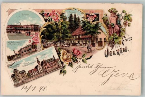 29525 W3110 Uelzen , Lüneburger Heide 1898 Lithographie Bahnhof Kgl. Realprogymnasium Vereinsversicherungs-Bank Gasthaus Fischerhof Putto