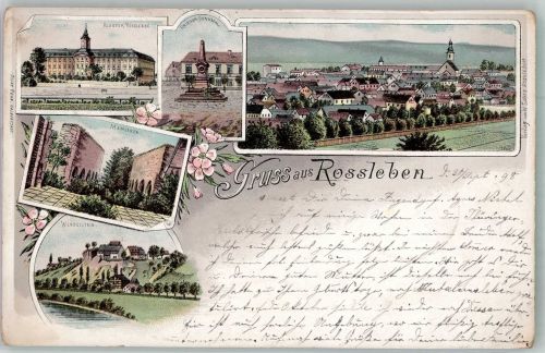 06556 O4730 Roßleben 1898 Lithographie Kloster Rossleben Kaiserdenkmal Memleben Wendelstein Bahnpost Naumburg-Artern Zug 070